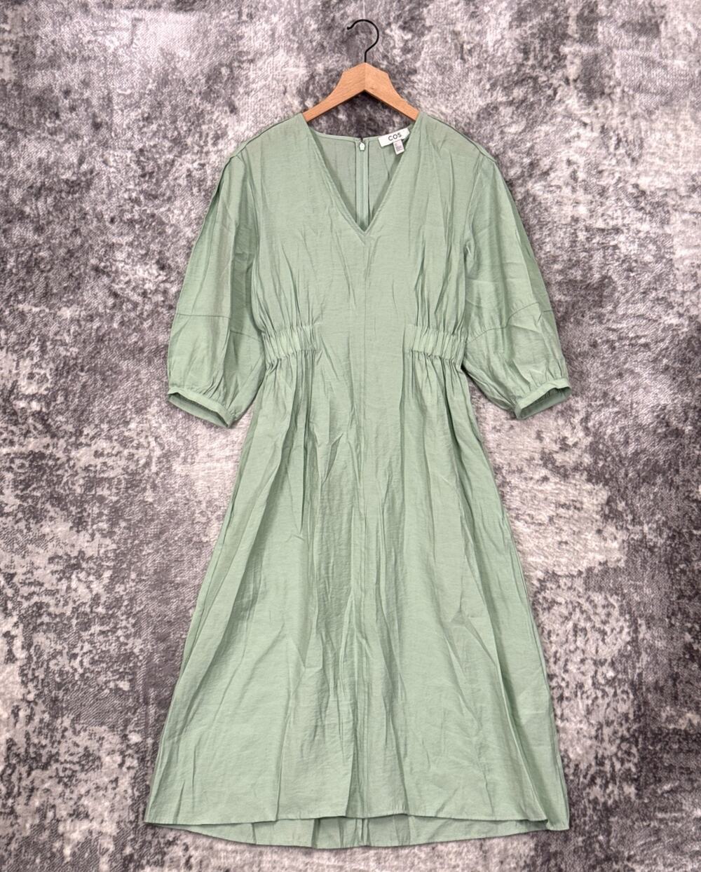 COS Dress 6 Womens Green Woven Ruched Waist Midi